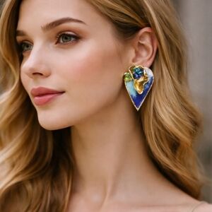 Vintage 1988 Lacombe Hand Sculpted Ceramic 24K Gold Clip Earrings